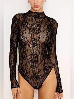 Good American Black Sheer Lace Mock Neck Bodysuit